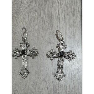 Vintage Gothic Ornate Cross Hoop Earrings Silver Tone Black Gemstone Statement